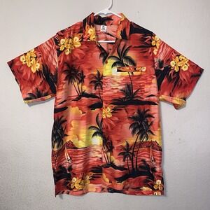 Rima Mens Caribbean Shirt Size M Hawaiian Orange Tropical Palm Tree Beach Sunset